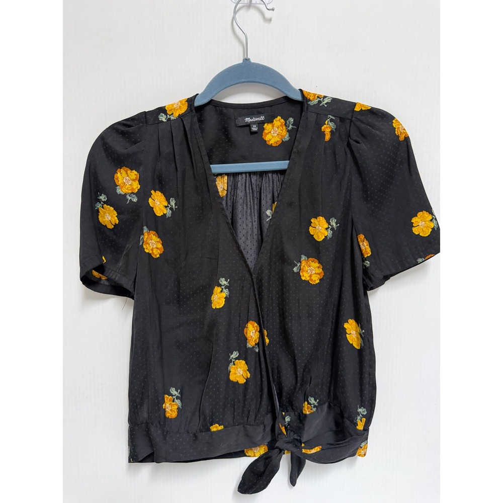 Madewell Black Floral Jacquard Tie Front Wrap Top Puff Sleeve XS Yellow Flowers - Picture 1 of 4